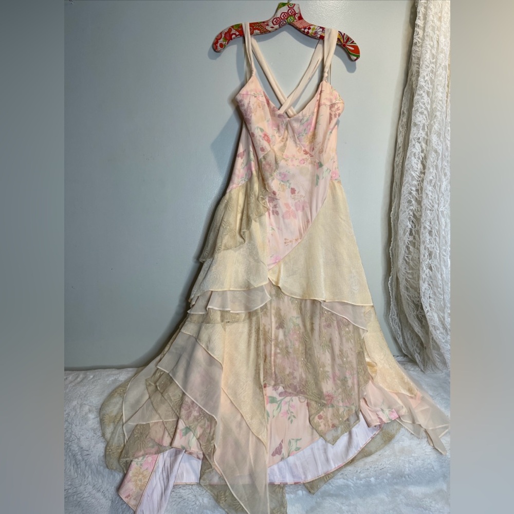 Free People Laughlin Vintage Lace Ruffles Mixed Printed Asymmetrical Dress - Picture 5 of 9